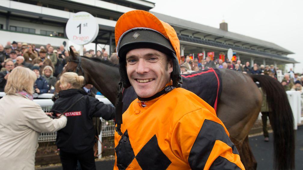 A delighted Tom Scudamore after Thistlecrack had won the 2m 7.5f novices chaseChepstow 25.10.16 Pic: Edward Whitaker