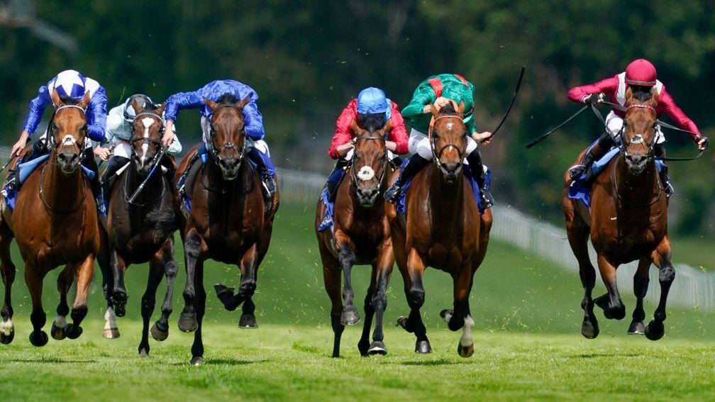 Mishriff (far right) ran on strongly to take second in the Coral-Eclipse under David Egan