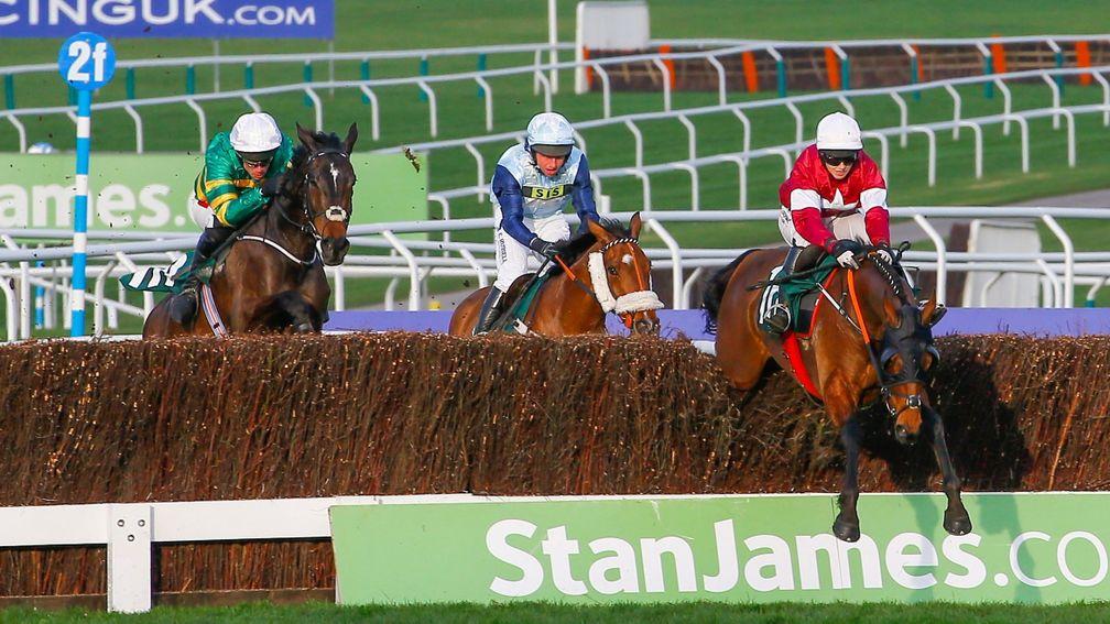Edwulf (left) jumping the second last in the JT McNamara National Hunt Challenge Cup Amateur Riders' Novices' Chase (Grade 2) under Derek O'Connor