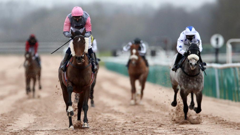 SOUTHWELL, ENGLAND - FEBRUARY 07: Blowing Dixie ridden by Andrew Mullen (left) win the Betway Casino Handicap at Southwell Racecourse on February 7, 2021 in Southwell, England. (Photo by Tim Goode - Pool/Getty Images)