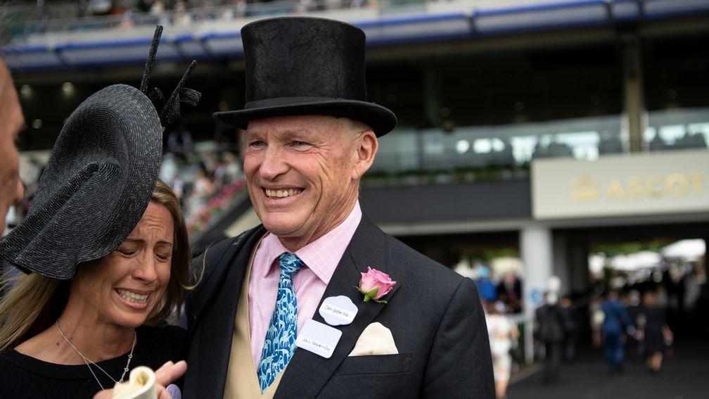 John Gosden embraces owner Tanya Gunther after Without Parole had won the St Jamesâs Palace stakes Royal Ascot 19.6.18 Pic: Edward Whitaker