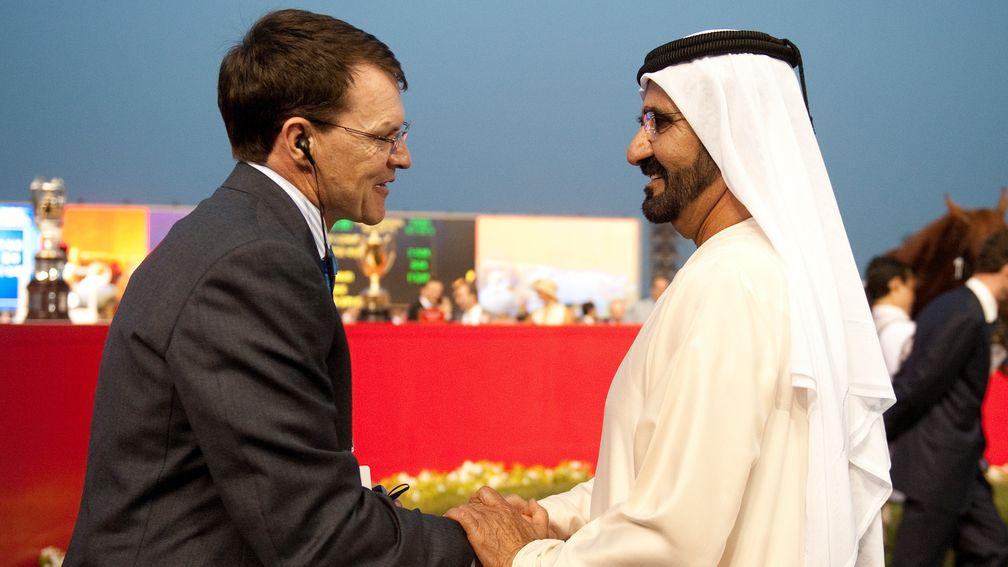 Coolmore's trainer Aidan O'Brien shakes hands with Sheikh Mohammed after winning the 2012 UAE Derby: now the two camps appear to have entered a new era