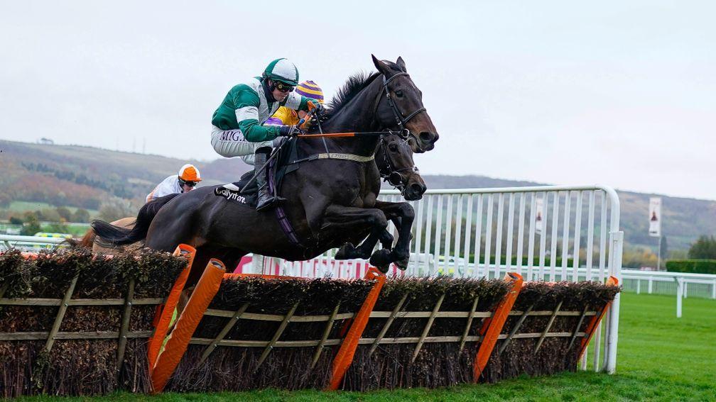 CHELTENHAM, ENGLAND - NOVEMBER 12: Donal McInerney riding Blazing Khal clear the last to win The Ballymore Novices' Hurdle at Cheltenham Racecourse on November 12, 2021 in Cheltenham, England. (Photo by Alan Crowhurst/Getty Images)