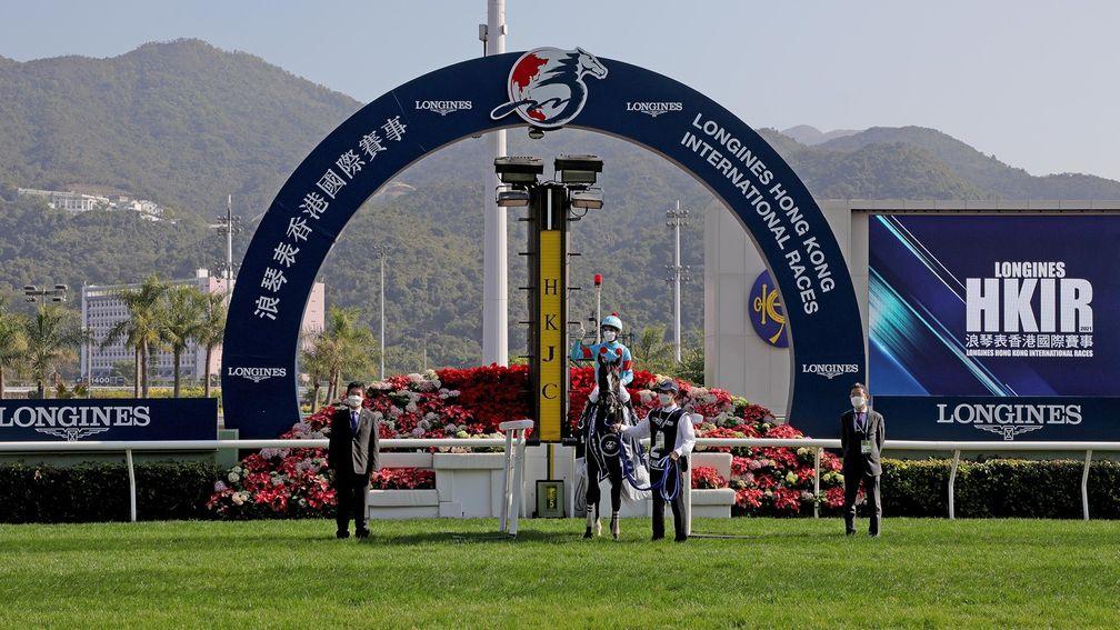 Glory Vase takes his position by the Hong Kong Vase winning post for the second time on Sunday