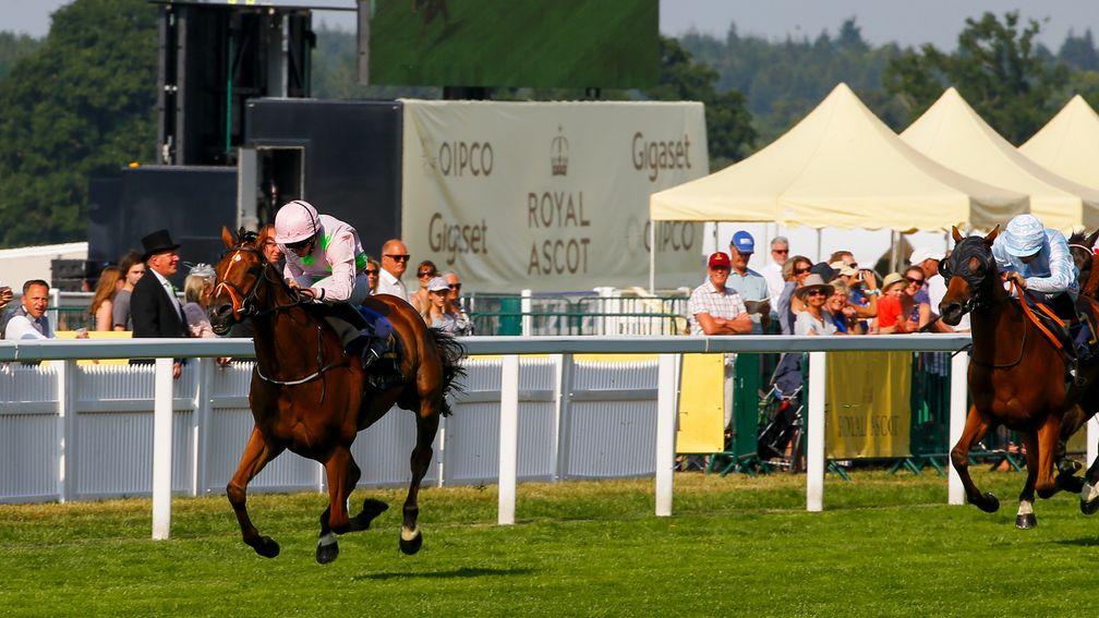 League of his own: Thomas Hobson runs out an easy winner of the Ascot Stakes under Ryan Moore