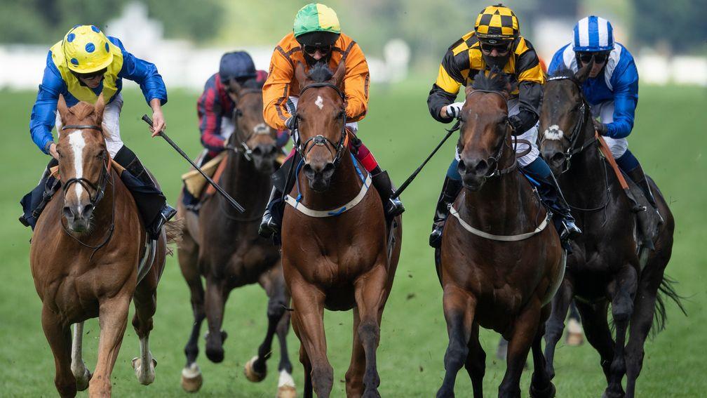 Hello Youmzain (yellow and black checked cap) wins the Diamond Jubilee Stakes from Dream Of Dreams (yellow and blue spots) and Sceptical (centre)