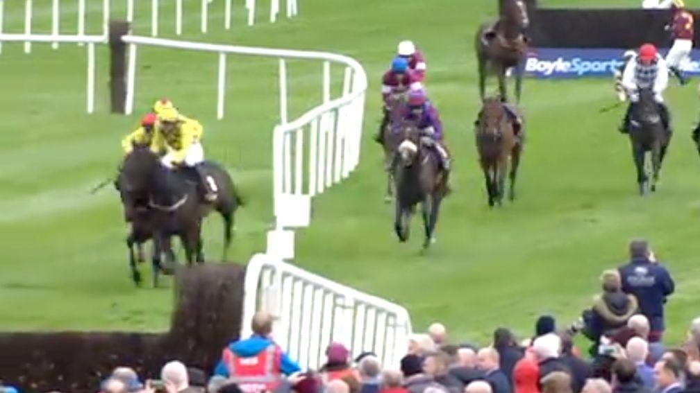 Townend heads right on the leader, believing he heard the final fence was to be bypassed