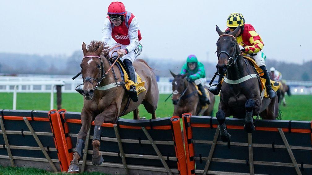 Tritonic (left) jumps the last cleanly before landing the prize which gave one lucky Pricewise punter a bumper payout