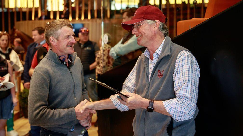 Mick Murphy congratulates Oliver St Lawrence after the latter secured a Siyouni colt for €520,000