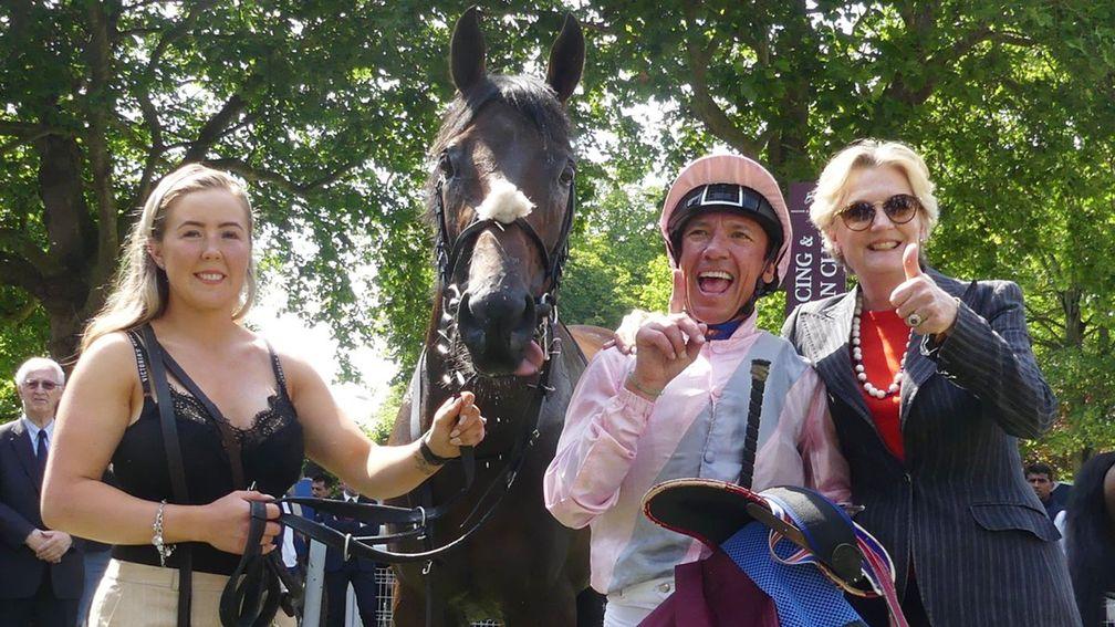 Back in the winning groove: Too Darn Hot with Frankie Dettori, groom Maise Robinson and owner Lady Lloyd-Webber
