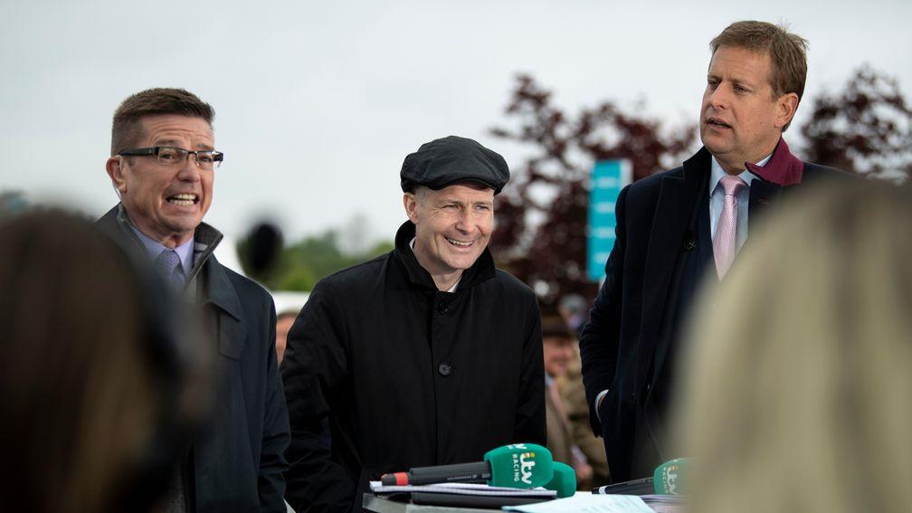 Pat Smullen with Jason Weaver (L) and Ed Chamberlin on ITV racingChester 8.5.19 Pic: Edward Whitaker