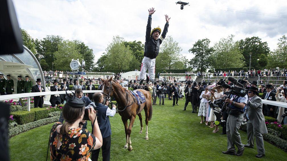 Frankie Dettori does his famous flying dismount after winning the Gold Cup at Royal Ascot and completing a four-timer on the day