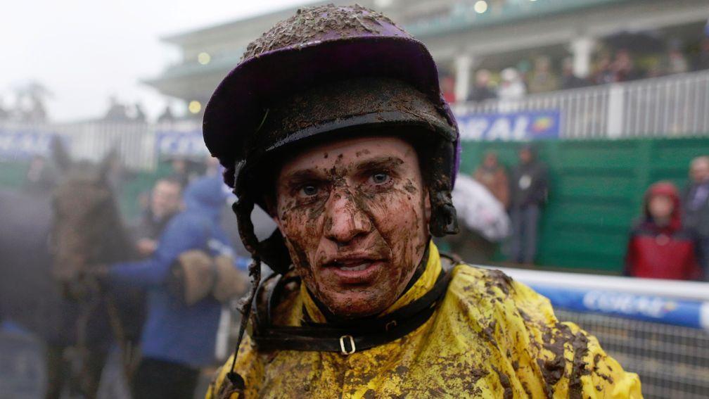 CHEPSTOW, WALES - JANUARY 09:  A muddy Jamie Moore after riding Mountainous to win The Coral Welsh Grand National at Chepstow racecourse on January 09, 2016 in Chepstow, Wales. (Photo by Alan Crowhurst/Getty Images)