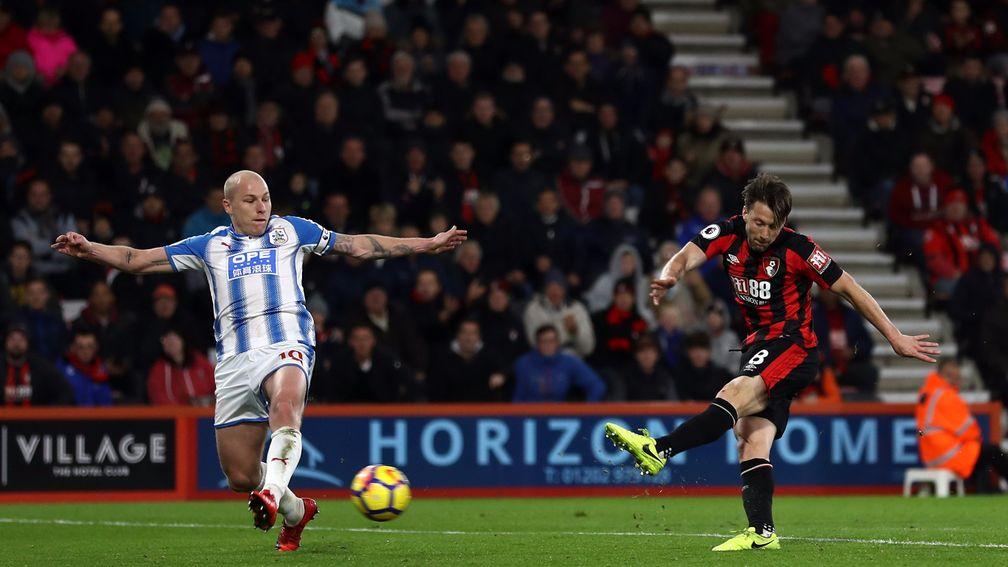 Harry Arter scores Bournemouth's third goal against Huddersfield