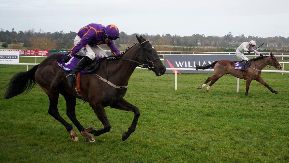 DUBLIN, IRELAND - FEBRUARY 02: Paul Townend riding Faugheen (R) clear the last fence to win The Flogas Novice Chase from easy Game and Robbiw Power (L) during the Dublin Racing Festival at Leopardstown Racecourse on February 02, 2020 in Dublin, Ireland. (