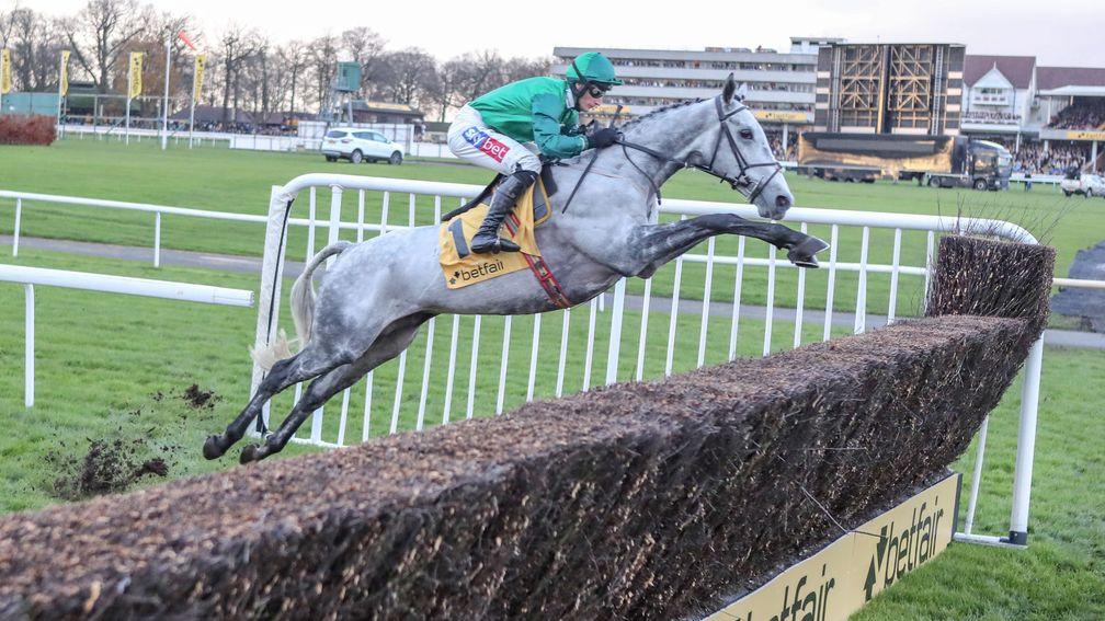 Bristol De Mai and Daryl Jacob clear a fence down the far side impressively on their way to a runaway win in in the Betfair Chase at Haydock