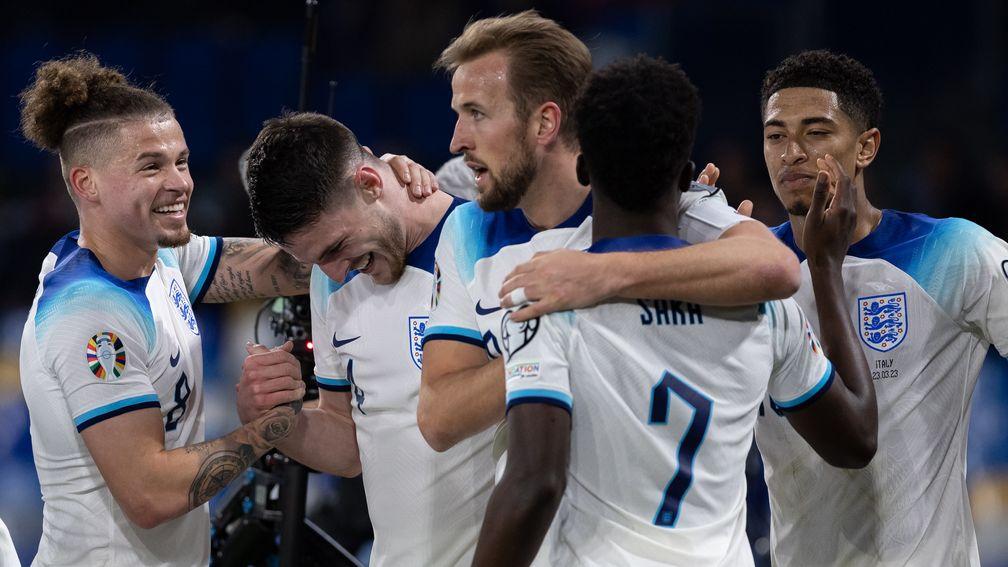 England celebrate Declan Rice's opening goal in the 2-1 win against Italy