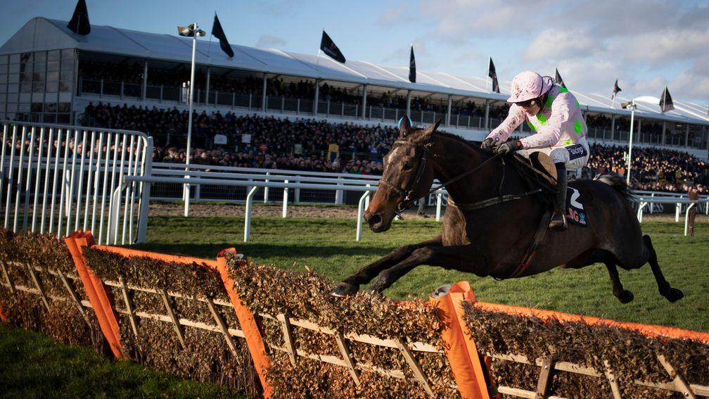 Benie Des Dieux and Ruby Walsh just before falling at the final flight when leading in the OLBG Mares' Hurdle at the Cheltenham Festival