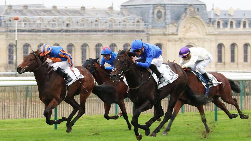 Royal Meeting and Christophe Soumillon (nearest camera) beginning to get on top against Hermosa (striped sleeves) in the Group 1 Criterium International at Chantilly