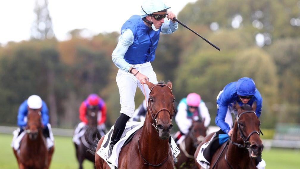 Pierre-Charles Boudot celebrates as Persian King lands the Prix du Moulin from Pinatubo