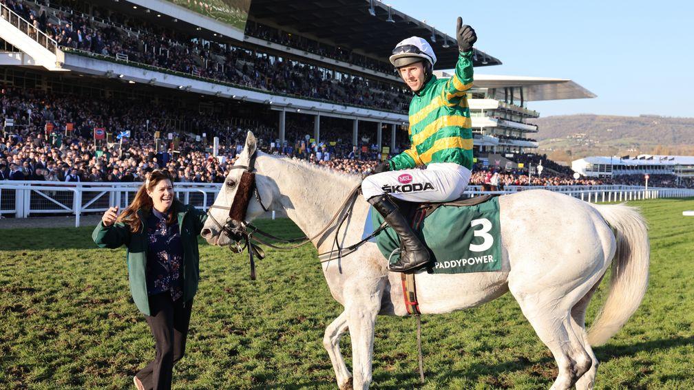Mark Walsh celebrates after Elimay's success in the Mares' Chase brought up the tenth winner of the 2022 Cheltenham Festival for Willie Mullins