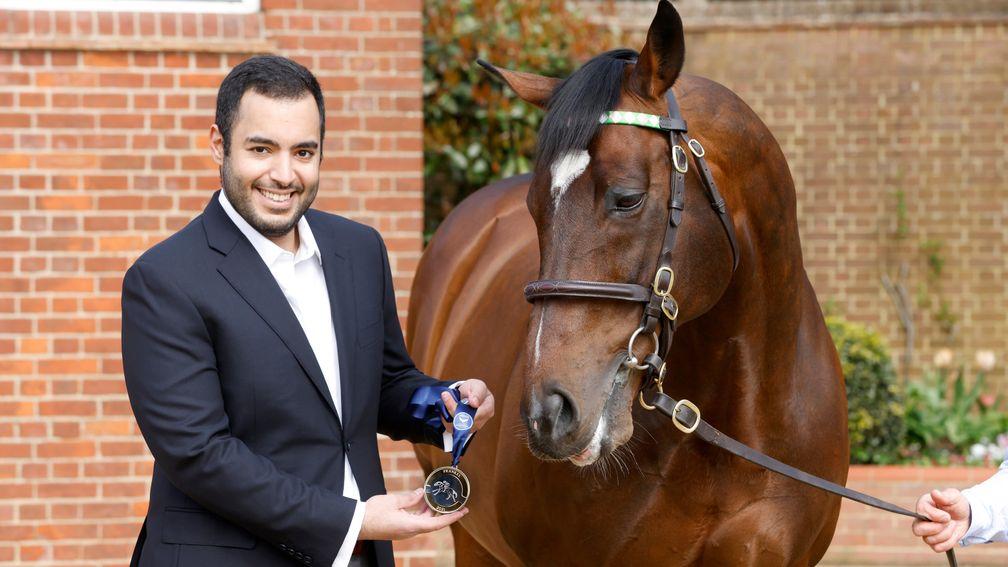 Sheikh Fahad presenting Frankel with British Champions Series Hall Of Fame medal Banstead Manor Stud