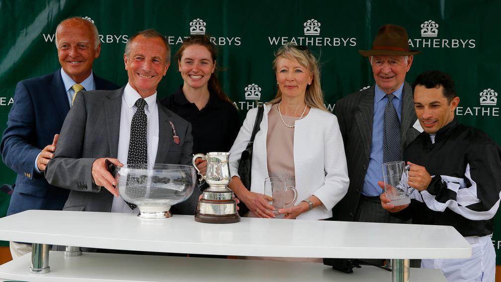Rod Millman (second left) receives the Weatherbys Super Sprint trophy following the success of Bettys Hope