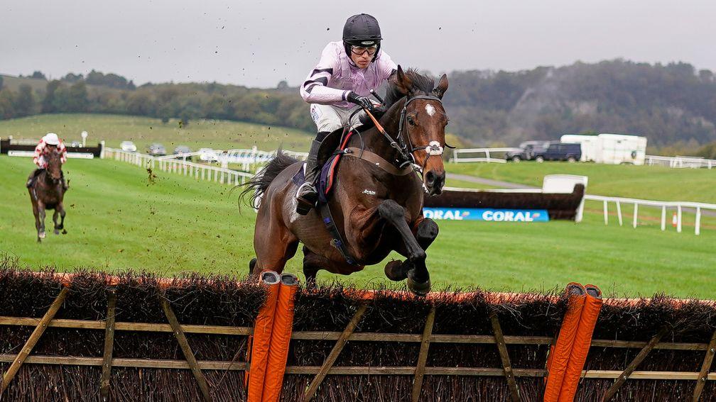 CHEPSTOW, WALES - OCTOBER 26: Harry Cobden riding Stage Star clear the last to win The Pickwick Bookmakers Maiden Hurdle (GBB Race) (Div 2) at Chepstow Racecourse on October 26, 2021 in Chepstow, Wales. (Photo by Alan Crowhurst/Getty Images)