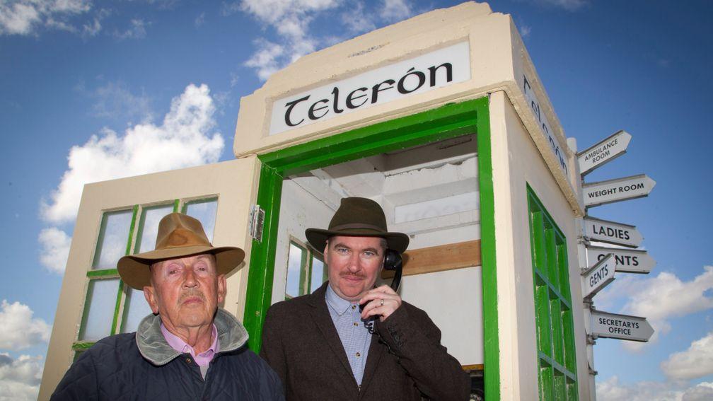 Barney Curley meets actor Padraic McIntyre at the phone box made famous from the Yellow Sam coup