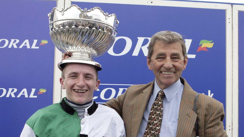 A young PJ McDonald and Ferdy Murphy celebrate Hot Weld's win in the 2007 Scottish Grand National