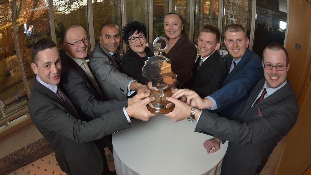 Betting Shop Manager of the Year finalists (from left) Ben Shaldon, Kevin Gray, Amran Ul-Haque, Lorraine Archibald, Sascha Drape, David Monk, Michael Strain and Ainsley Bowstead