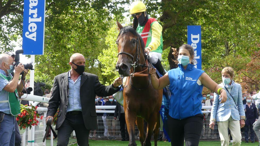 Audarya and Ioritz Mendizabal return to the winners' enclosure at Deauville after the Darley Prix Jean Romant