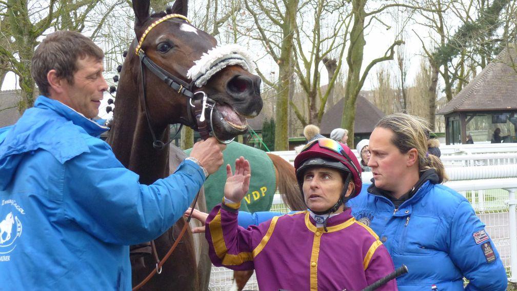 Delphine Santiago with Milow and trainer Ana Imaz Ceca after becoming the first woman to ride a winner with France's new 2kg allowance for females