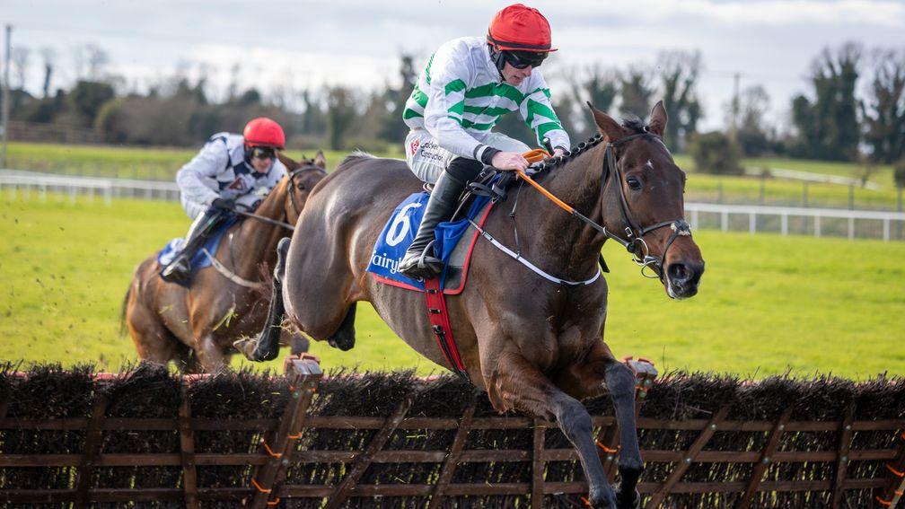 Firefox and Jack Kennedy, pictured here scoring at Fairyhouse, are fancied to maintain their winning sequence at Naas on Sunday
