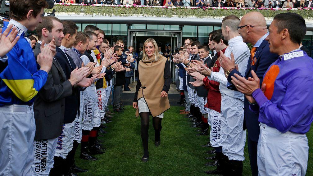 Josephine Gordon applauded by weighing-room colleagues at Ascot's Champions Day presentation of her Stobart Apprentice title award last year. Who will it be this year?