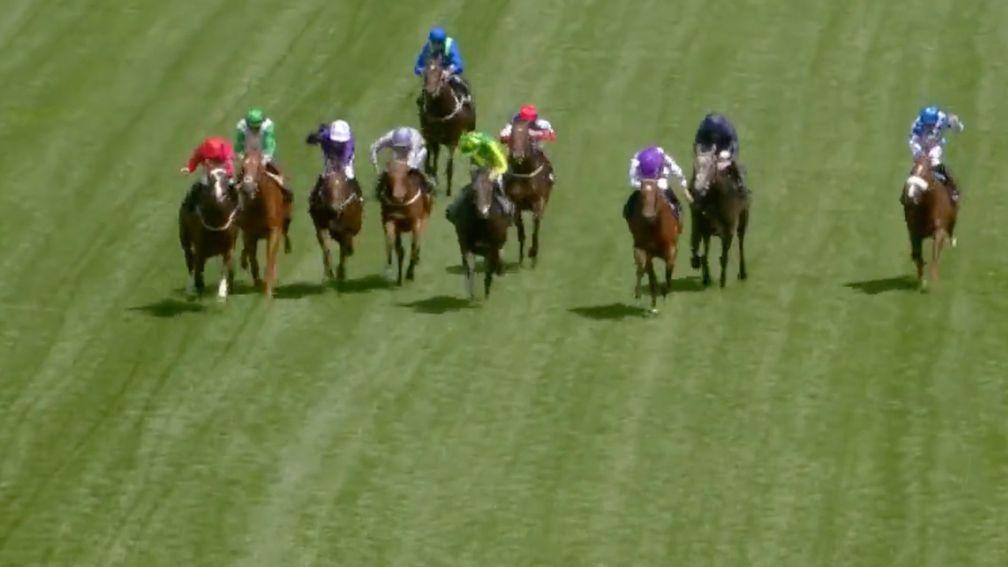 The Ridler (far left) surges into contention in the Norfolk Stakes under Paul Hanagan