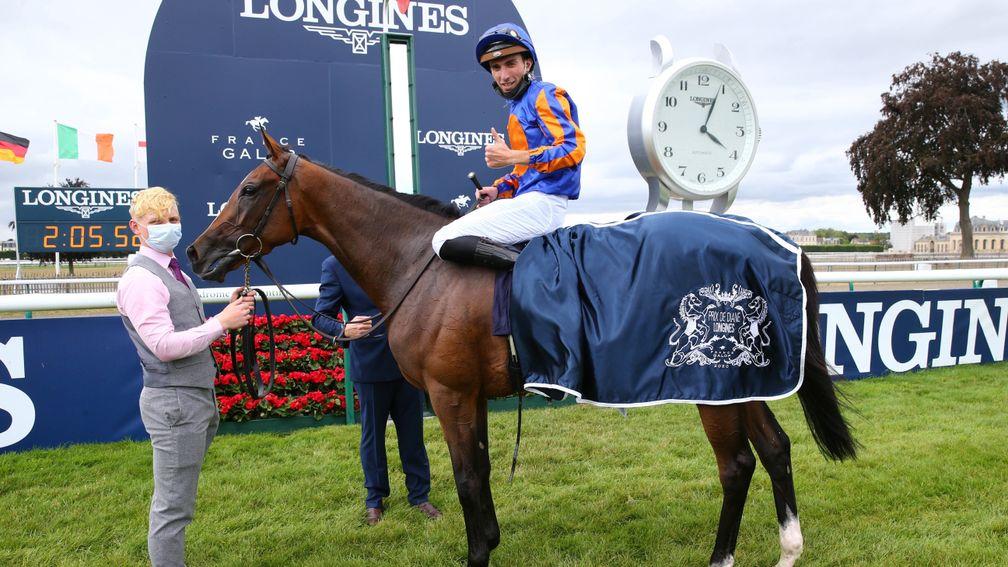 Fancy that: Fancy Blue and Pierre-Charles Boudot after a hard-fought success in the Prix de Diane Longines at Chantilly
