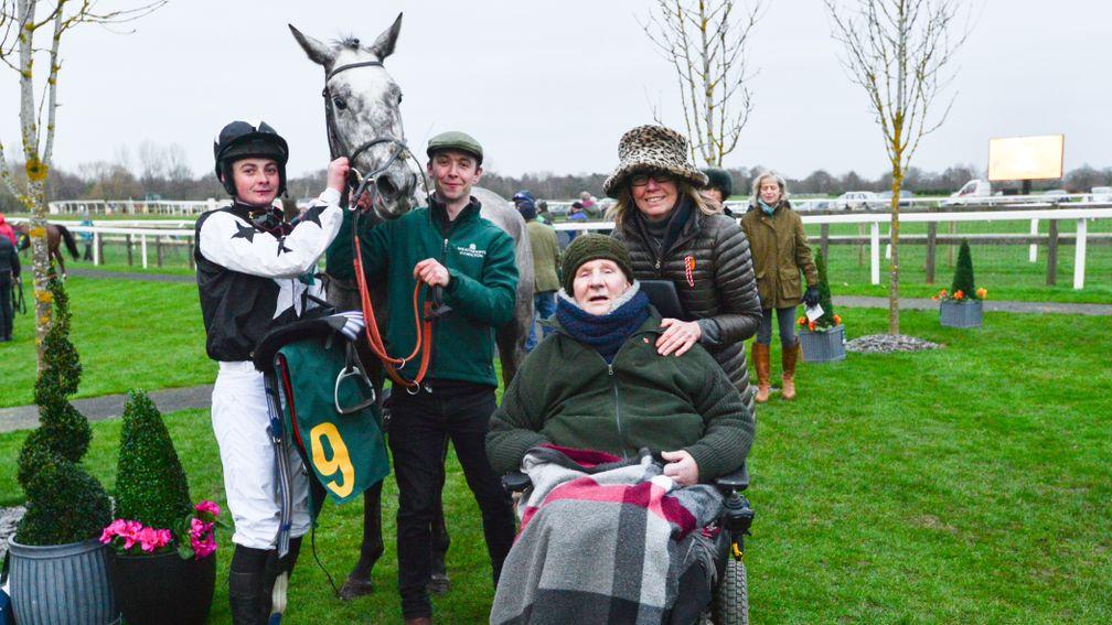 Tim Wood with jockey Eoin Walsh and trainer Lucy Wadham after Martello Sky's debut victory at Fakenham last year