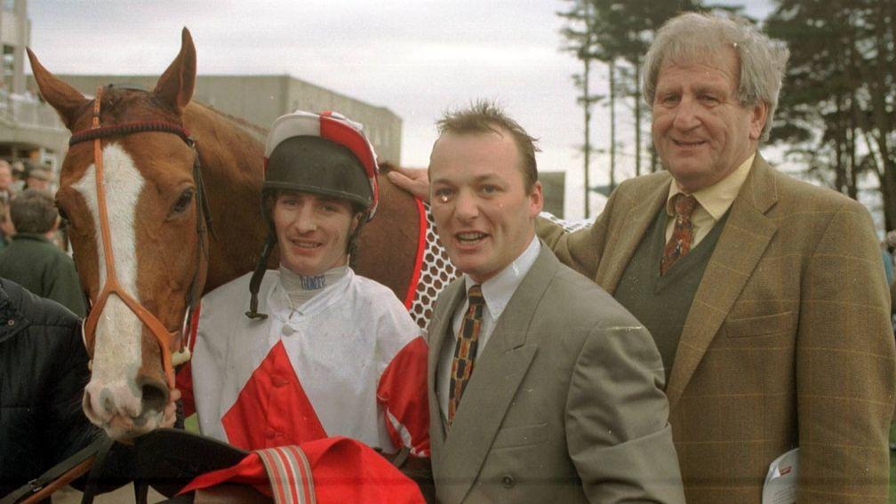 Michael Stroud (right) with jockey Norman Williamson and Mark Pitman after Master Tribe won the Ladbroke Hurdle at Leopardstown in 1997