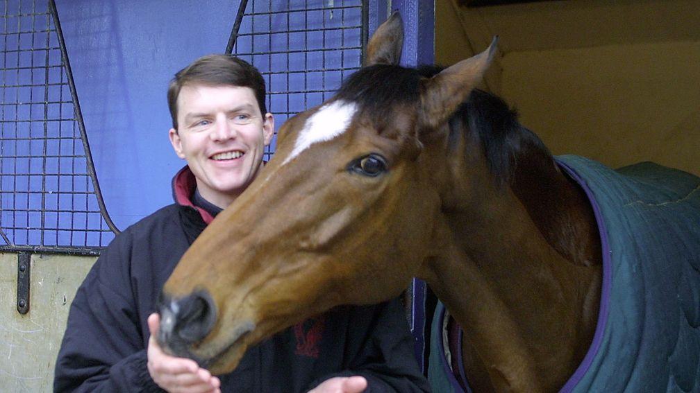 Aidan O'Brien and Istabraq at Ballydoyle the month before his final, failed Champion Hurdle attempt