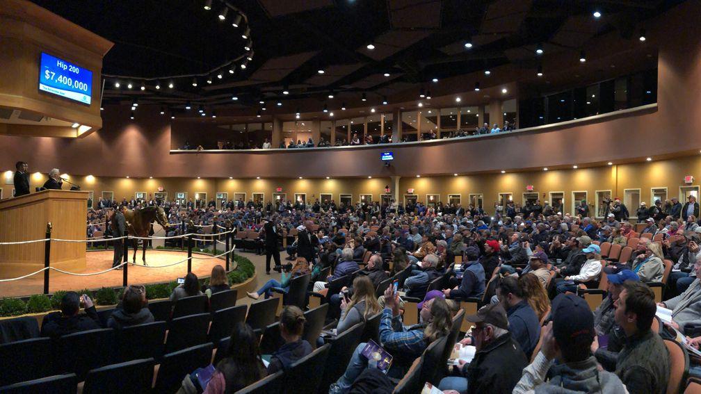 A packed Fasig-Tipton sales ring looks on as Lady Aurelia sells for $7.5 million