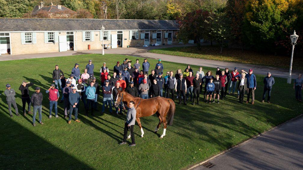 Stradivarius is paraded in front of the staff at Clarehaven Stables