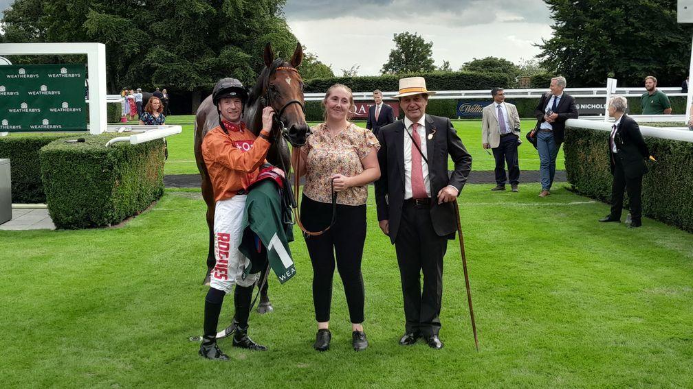 Jockey Jack Mitchell with Double Or Bubble, groom Natalie Holmes and trainer Chris Wall, holding his reliable stick