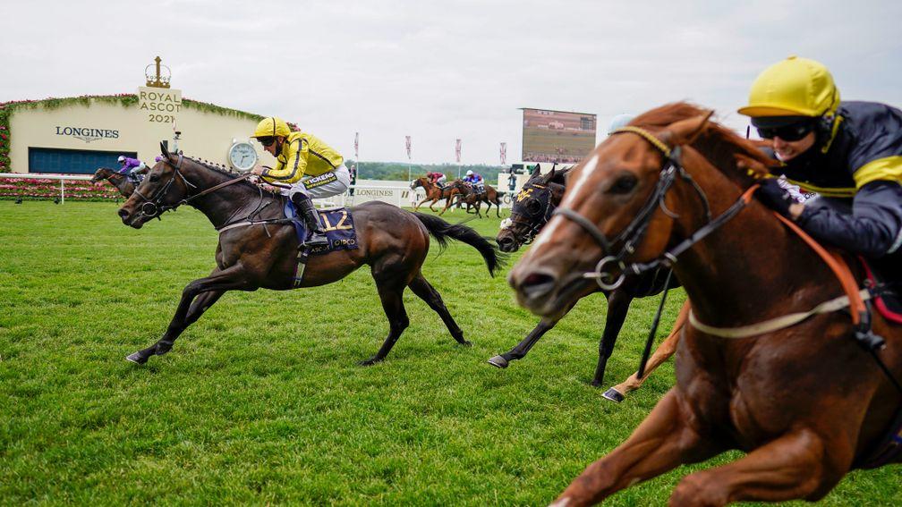 ASCOT, ENGLAND - JUNE 17: Paul Hanagan riding Perfect Power (yellow) win The Norfolk Stakes on Day Three of the Royal Ascot Meeting at Ascot Racecourse on June 17, 2021 in Ascot, England. A total of twelve thousand racegoers made up of owners and the publ