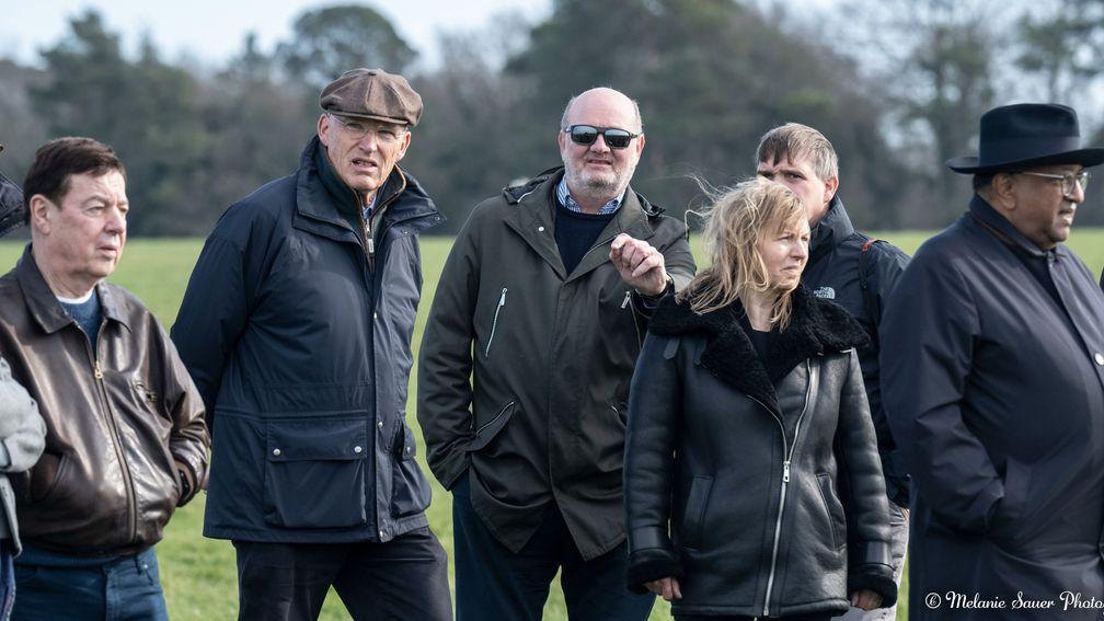 Graham Smith-Bernal and John Gosden with the syndicate shareholders on Newmarket Heath
