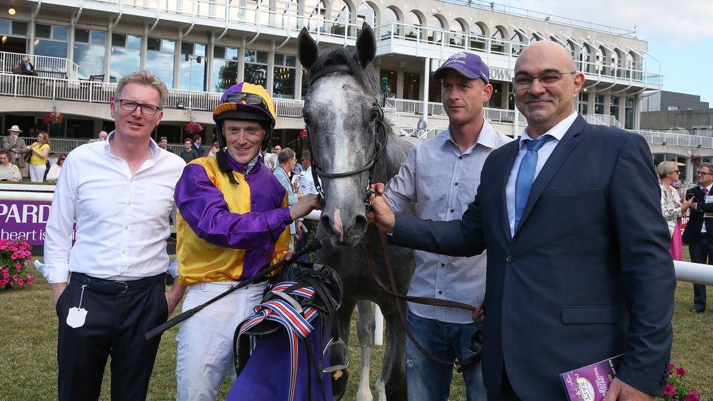 Kostas Loukopoulos (right) poses with connections after a race sponsorship by Horse Races SA at Leopardstown last year