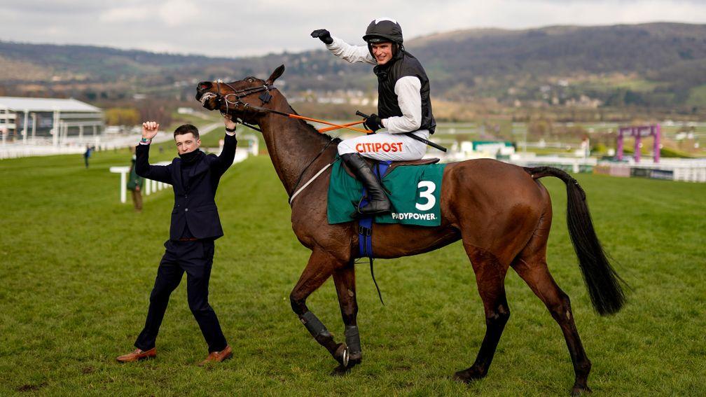 Top team: sidelined Jonathan Moore celebrates the Stayers' Hurdle success of Flooring Porter and Danny Mullins