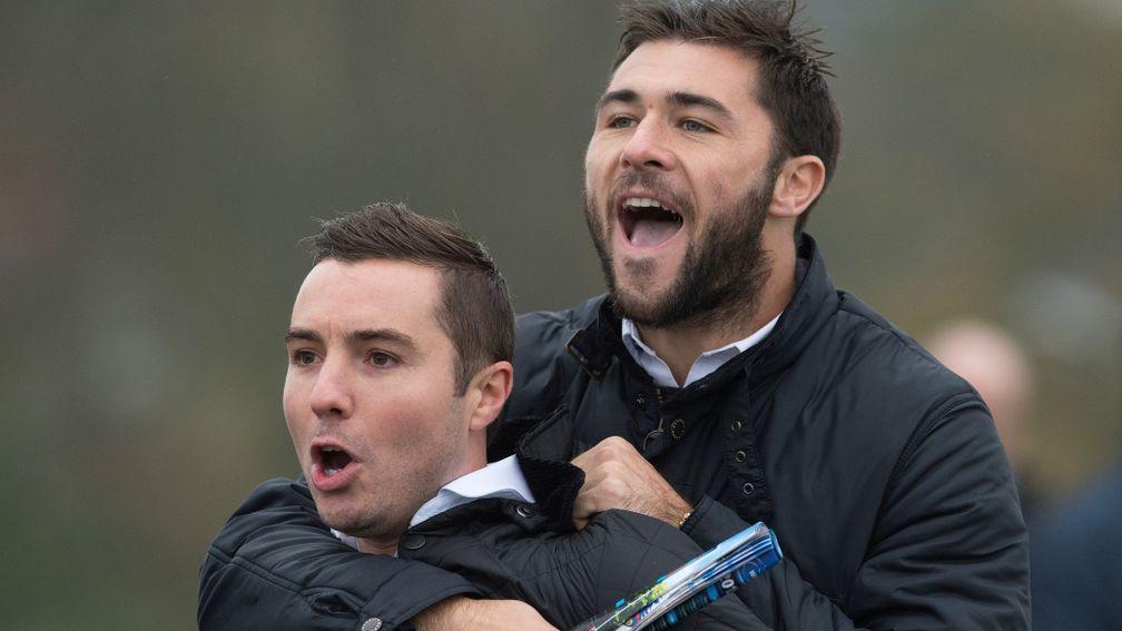 Charlie Austin (right): cheers home his horse Miss Sophierose during a mares' bumper at Worcester in 2014