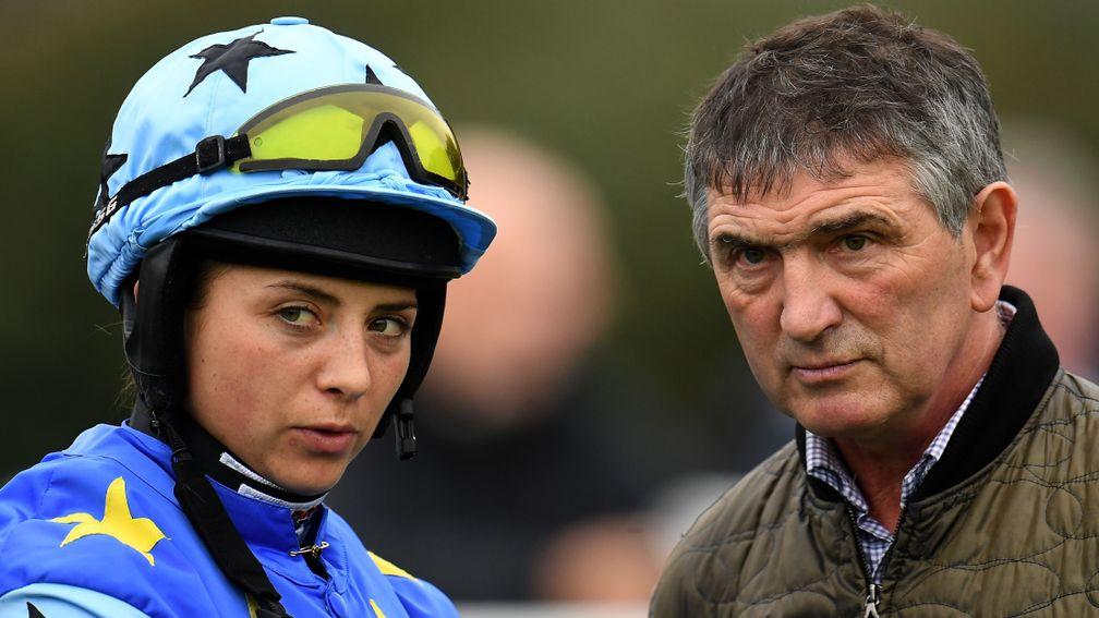 NEWTON ABBOT, ENGLAND - OCTOBER 12: Jockey Bryony Frost(L) looks on with Father and Trainer Jimmy Frost(R) at Newton Abbot Racecourse on October 12, 2018 in Newton Abbot, England. (Photo by Harry Trump/Getty Images)