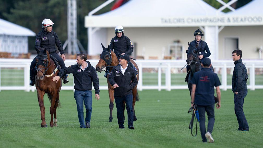 Australian trainer Chris Waller at Ascot greets his 2 runners  Nature Strip (L) and Home Affairs after exercise, as Sam Freedman waits for Artorius (R) to return 10.6.22 Pic: Edward Whitaker